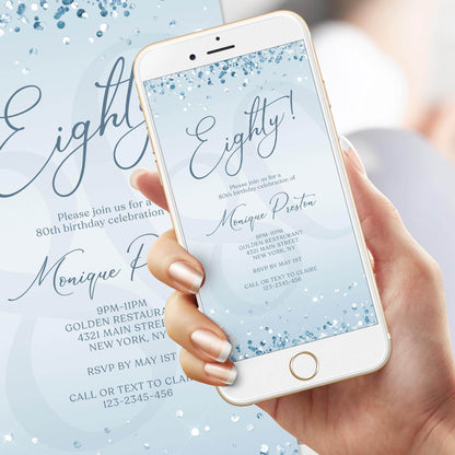 Electronic Blue Silver 80th Birthday Invitation Template – Editable Mobile Evite | Phone Digital Invite | Email Text Message | Instant Download