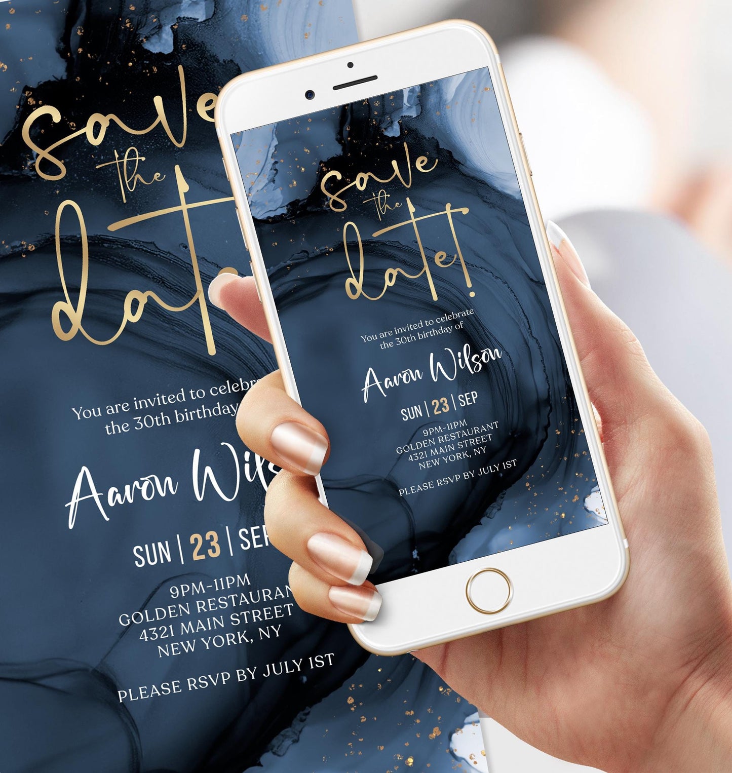Digital Navy Gold Save the Date Invitation template, Electronic Birthday Invite, Editable Mobile Evite, Any Age Invite, Text Message Evite