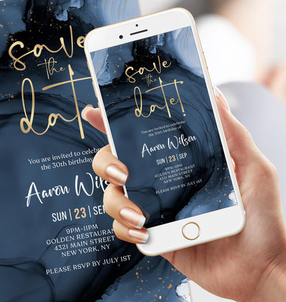 Digital Navy Gold Save the Date Invitation template, Electronic Birthday Invite, Editable Mobile Evite, Any Age Invite, Text Message Evite