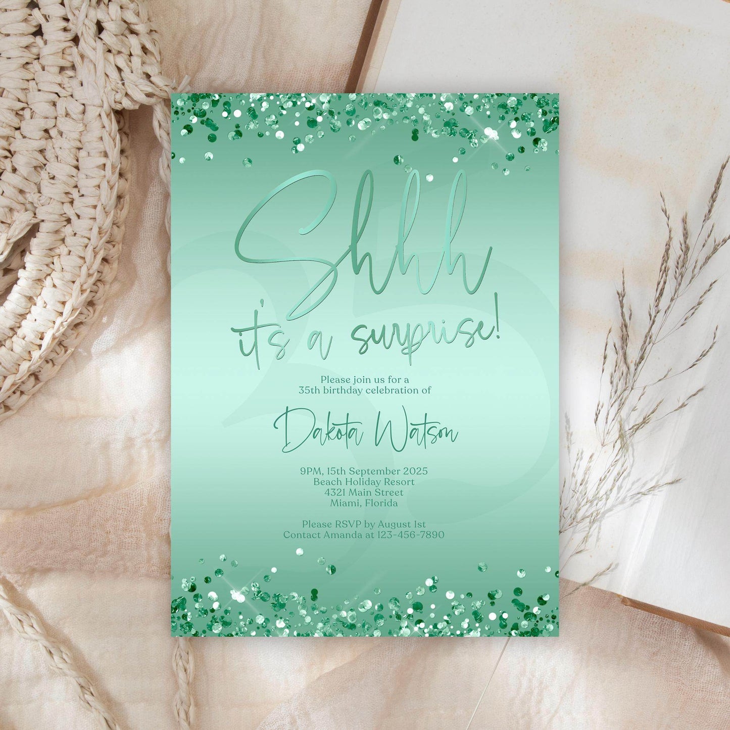 Printable Shhh It's a Surprise Invitation Template | Editable Green Mint & Gold Birthday Invite | Any Age Surprise Party Evite | Digital Download