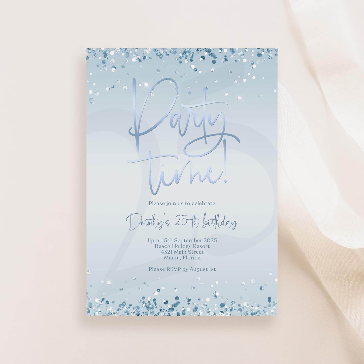 Silver Blue Birthday Invitation – Editable Confetti Party Template – Any Age Invite – Printable or Digital Evite – Instant Download