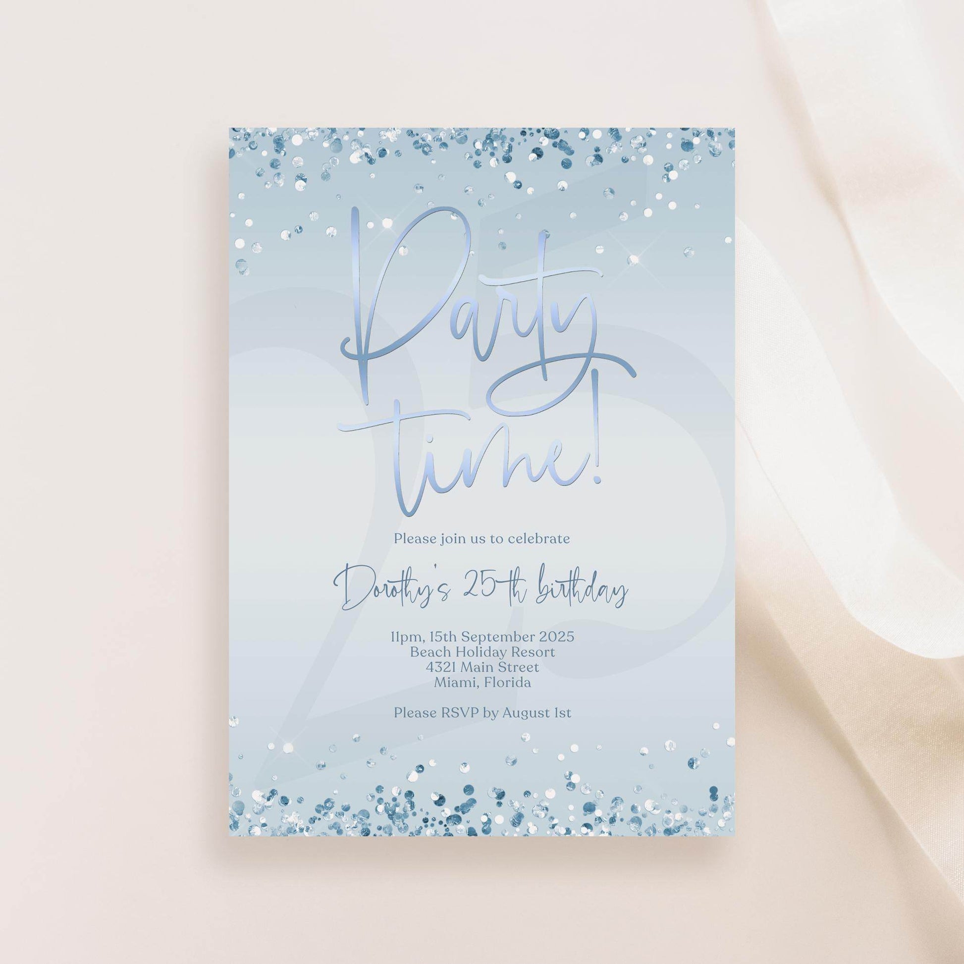 Silver Blue Birthday Invitation – Editable Confetti Party Template – Any Age Invite – Printable or Digital Evite – Instant Download