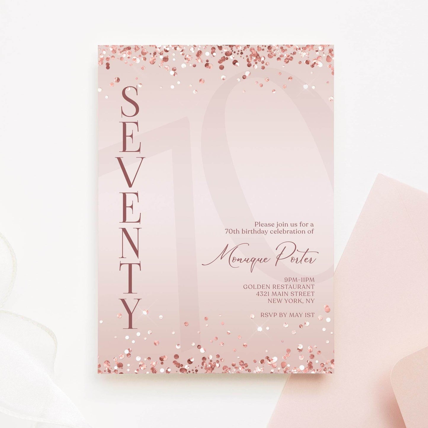 Pink Rose Gold 70th Seventy Birthday Invitation Template, Printable Invitation, Surprise Party, Email Text Message, Modern Editable Invite, Digital Download