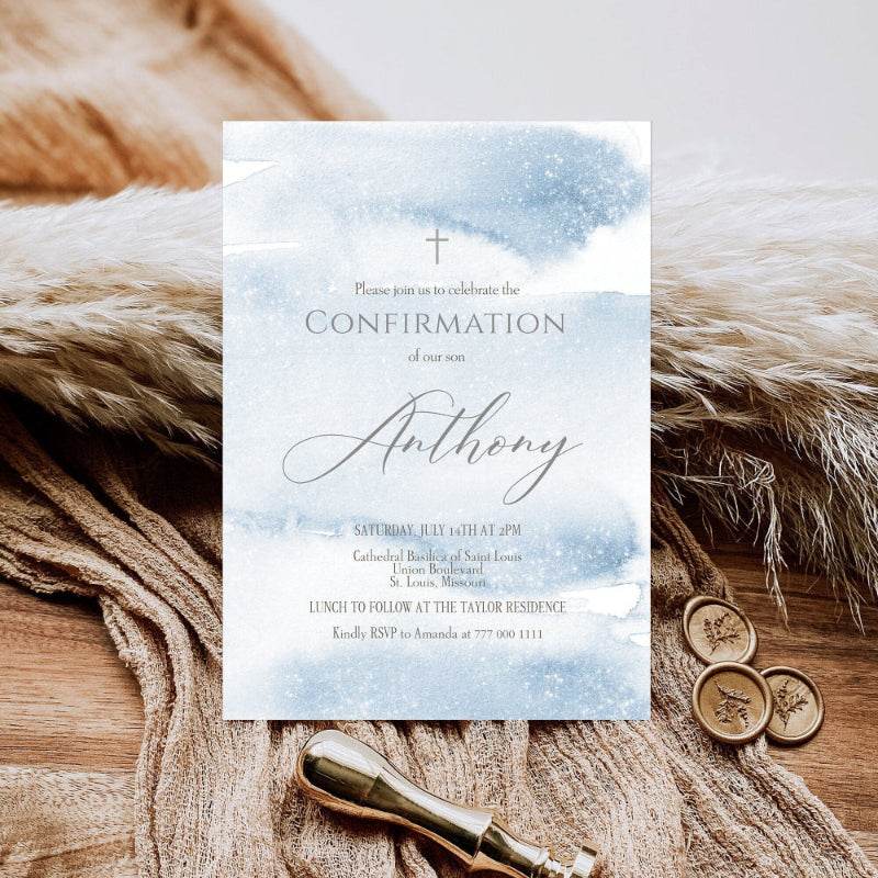 Printable Boy Confirmation Invitation Template – Blue & Silver Watercolor Design | Editable Digital Confirmation Invite | Email or Text Message Evite