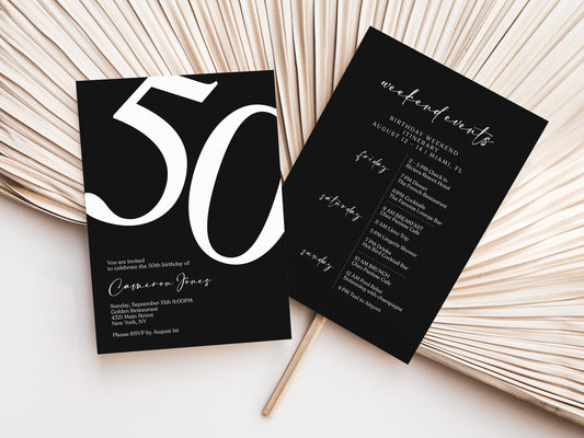 Simple Black 50th Fifty Birthday Weekend Itinerary Template, Printable Birthday Weekend Invitation, Editable Birthday Weekend Itinerary