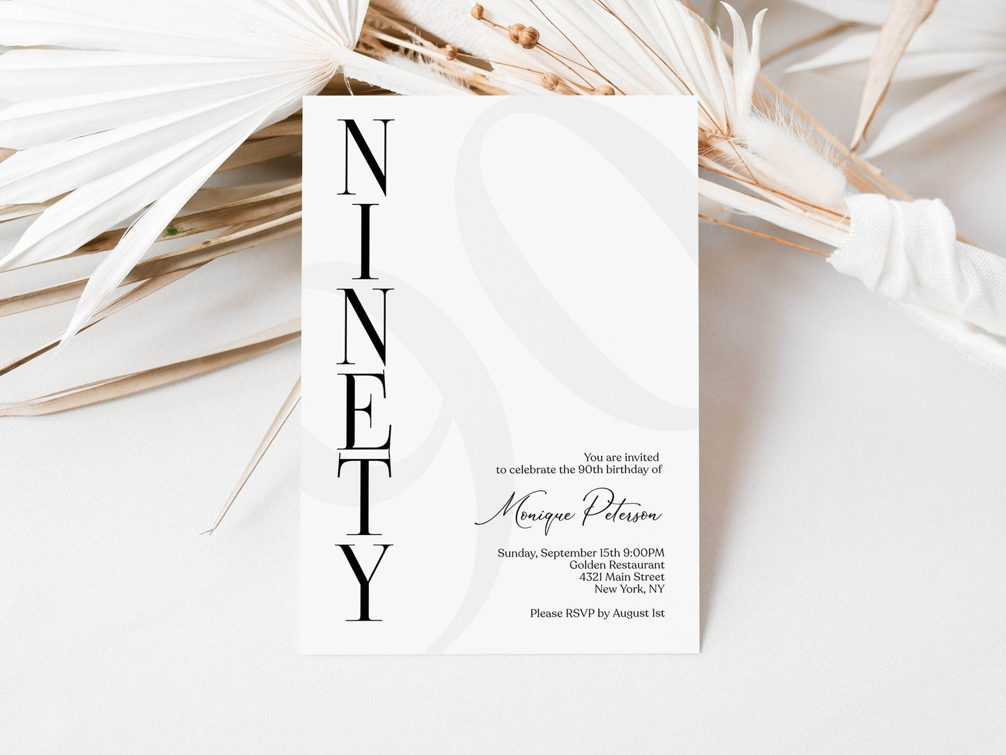 Simple 90th Birthday Invitation Template, Minimalist Editable Invite, Printable Modern Ninety Birthday Card, Elegant 90th Birthday Download