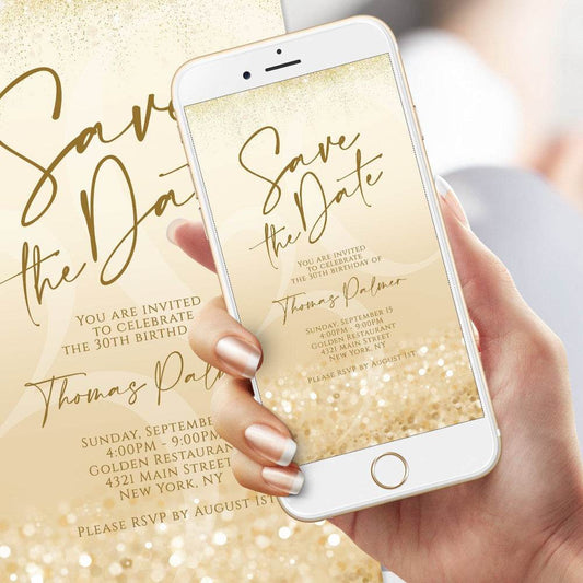 Digital Gold Save The Date Invitation Template | Editable Evite | DIY Mobile Invite, Phone Invitation