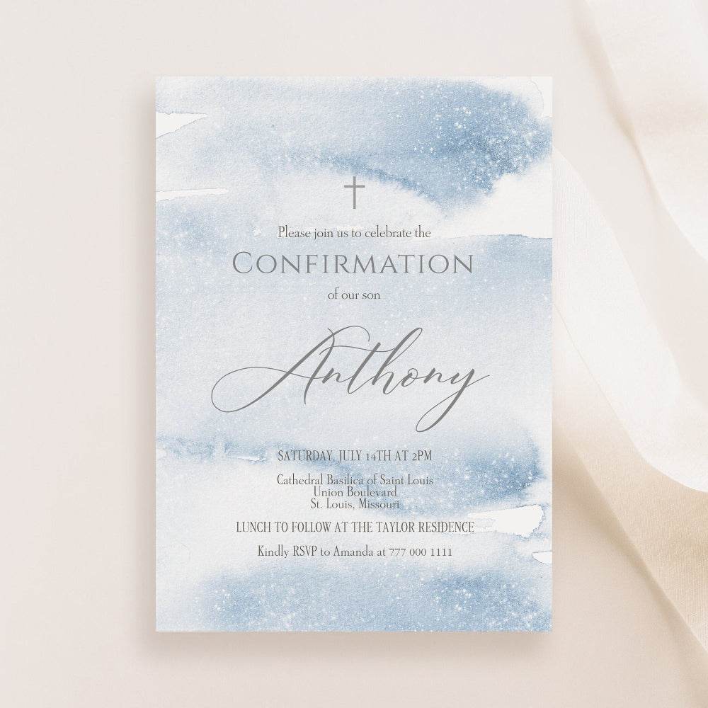Printable Boy Confirmation Invitation Template – Blue & Silver Watercolor Design | Editable Digital Confirmation Invite | Email or Text Message Evite