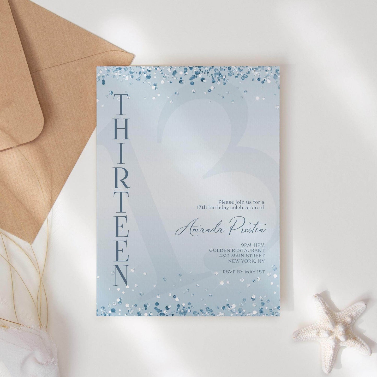 Editable Blue Confetti 13th Birthday Invitation – Boy Printable Invite | Surprise Party Template | Text or Email Digital Download