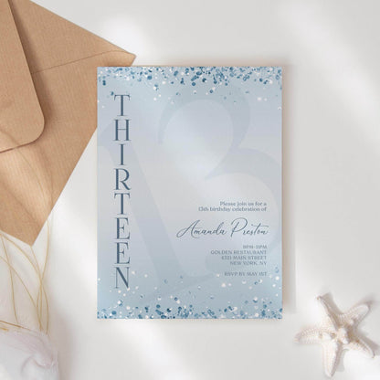 Editable Blue Confetti 13th Birthday Invitation – Boy Printable Invite | Surprise Party Template | Text or Email Digital Download