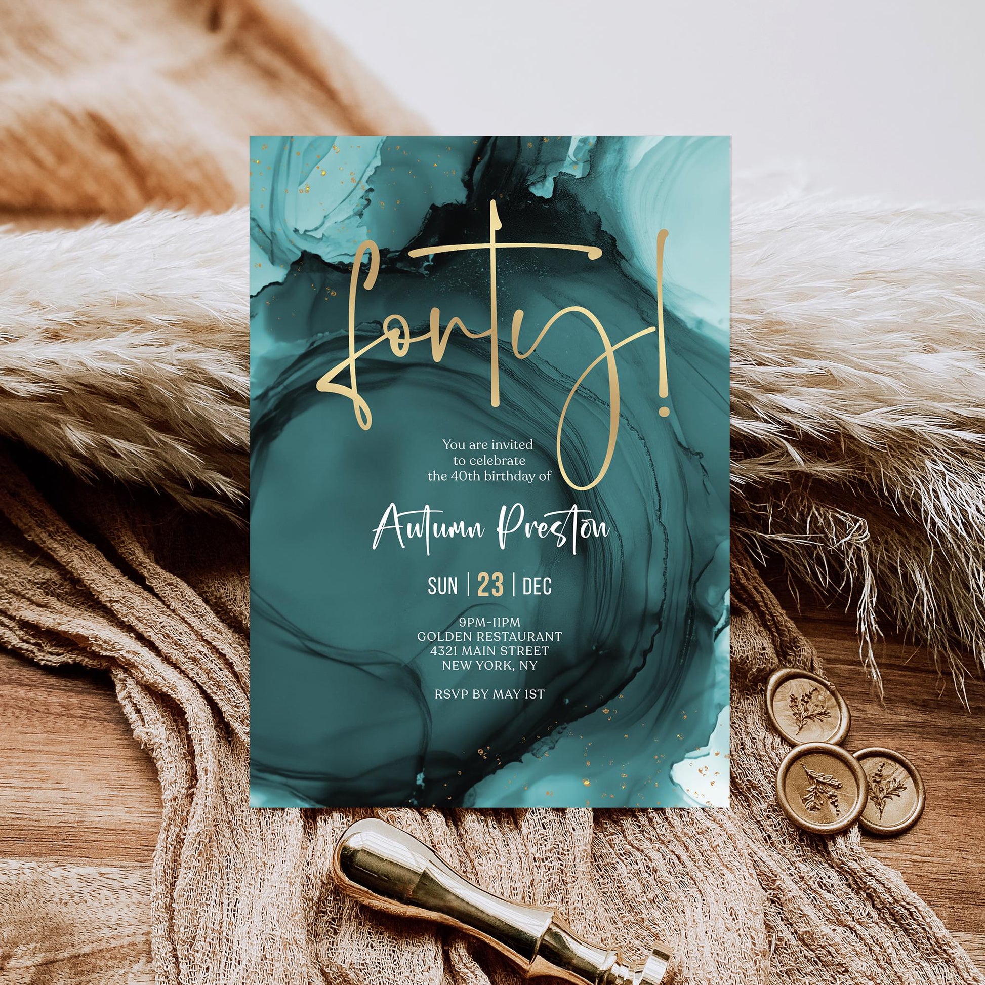 Teal Turquoise and Gold 40th Birthday Invitation | Editable Surprise Party Invite | Printable Digital Template | Forty Birthday Celebration Download