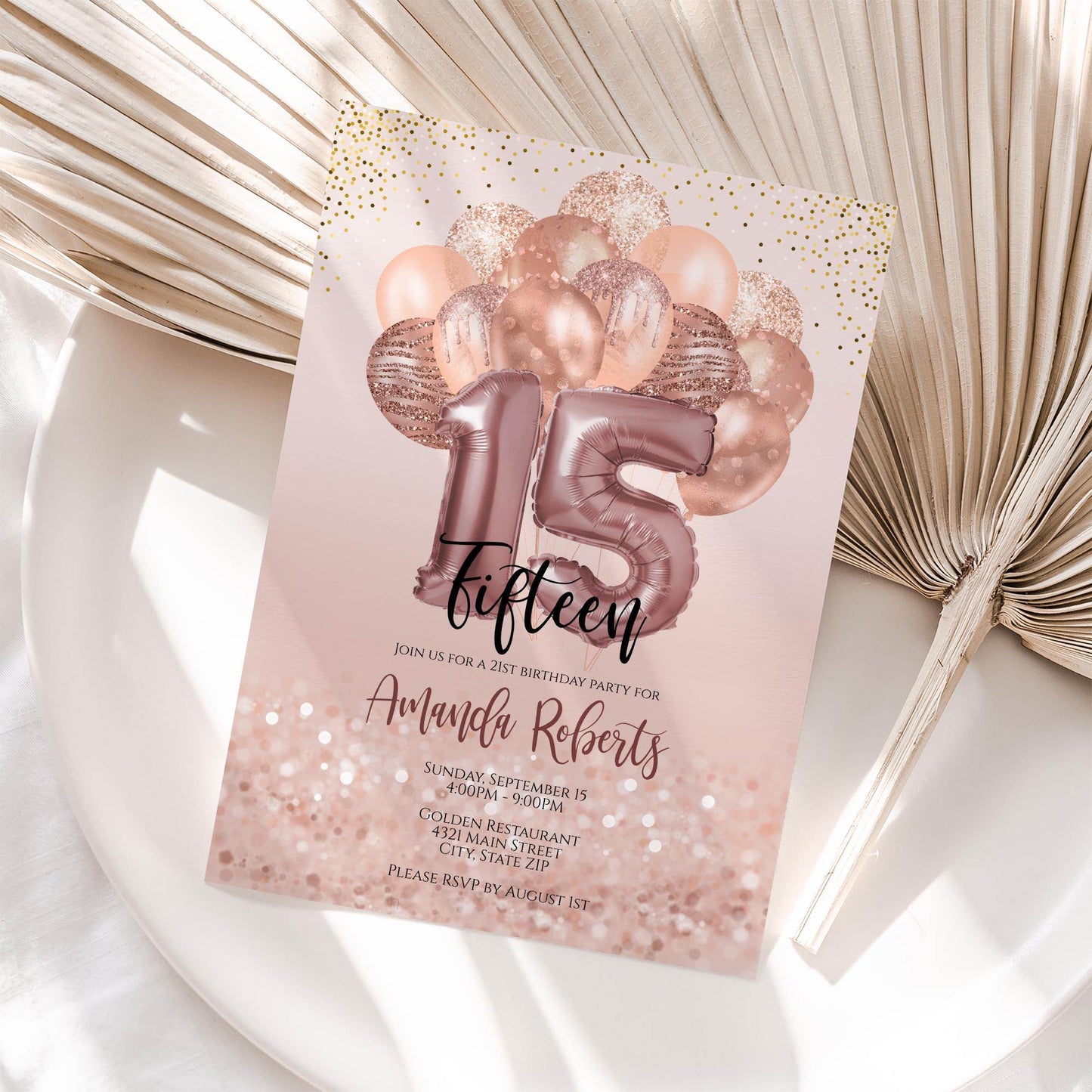 15th Birthday Invitation Template for Girl | Editable Rose Gold Balloons Invite | Digital 15th Party Card | Text Message or Email | Instant Download