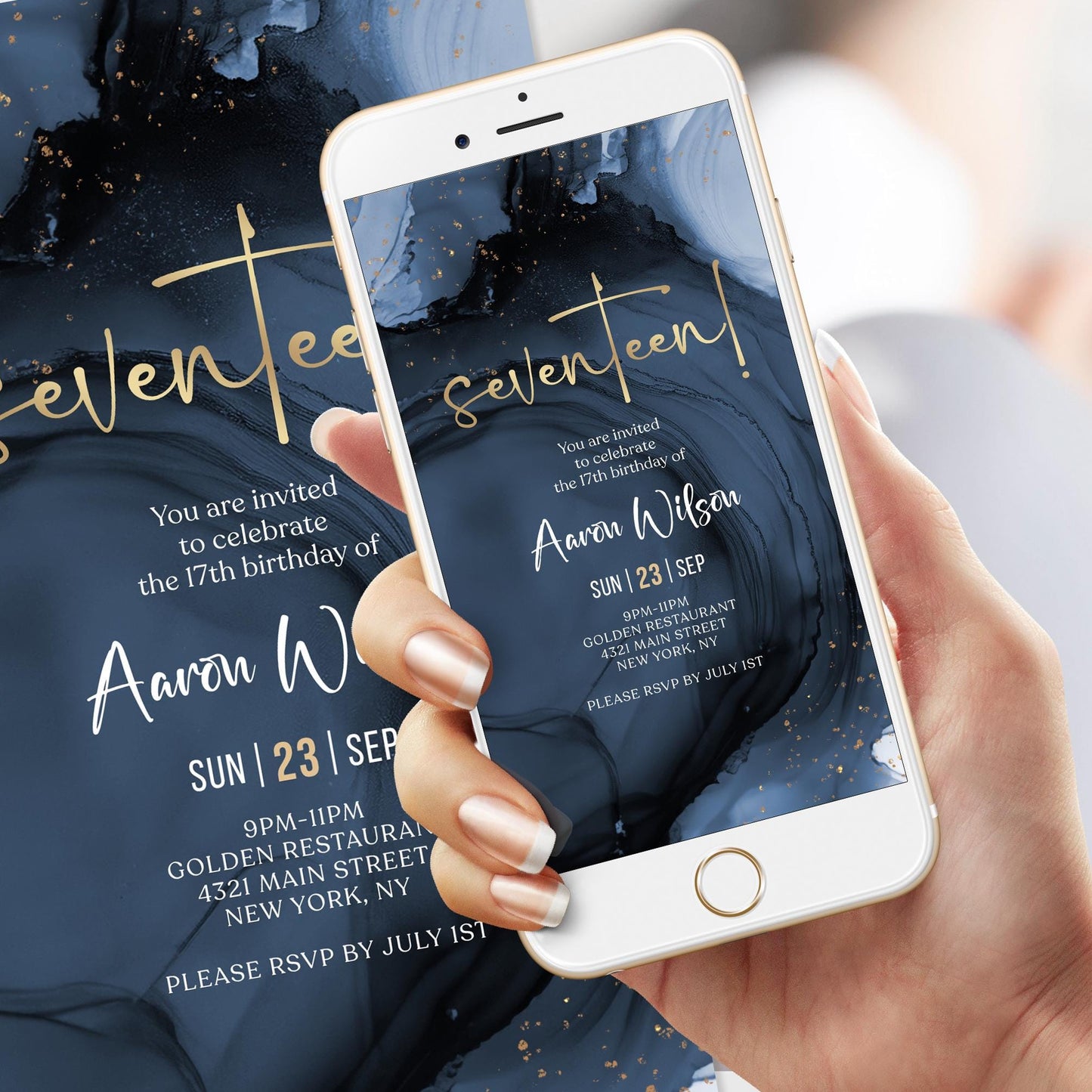 Digital Blue Navy Gold 17th Seventeen Birthday Invitation Template, Electronic Modern Party Invite, Editable Boy Invite, Text Message Evite