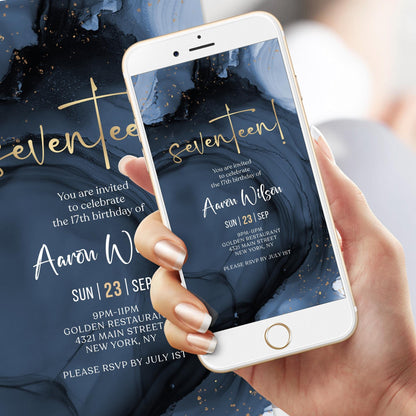 Digital Blue Navy Gold 17th Seventeen Birthday Invitation Template, Electronic Modern Party Invite, Editable Boy Invite, Text Message Evite