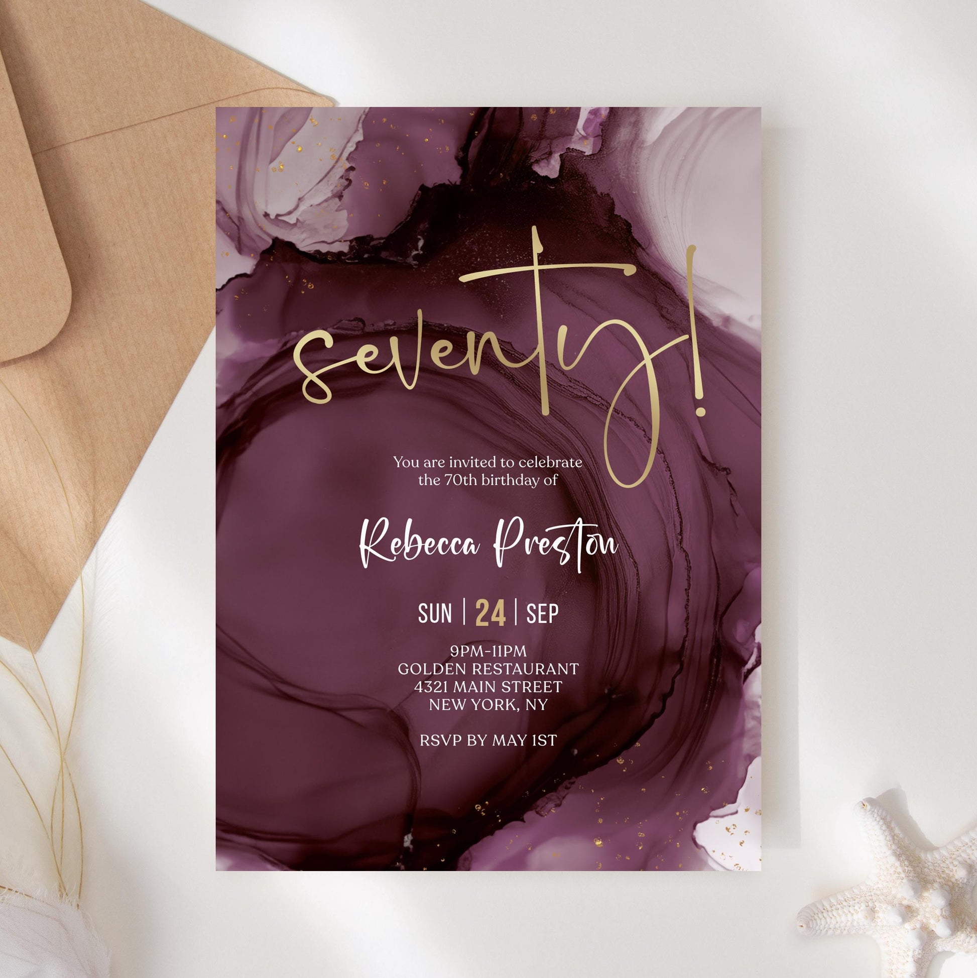 Purple Gold 70th Seventy Birthday Invitation Template, Printable Woman Birthday Dinner Invite, Editable Surprise Invite, Digital Download