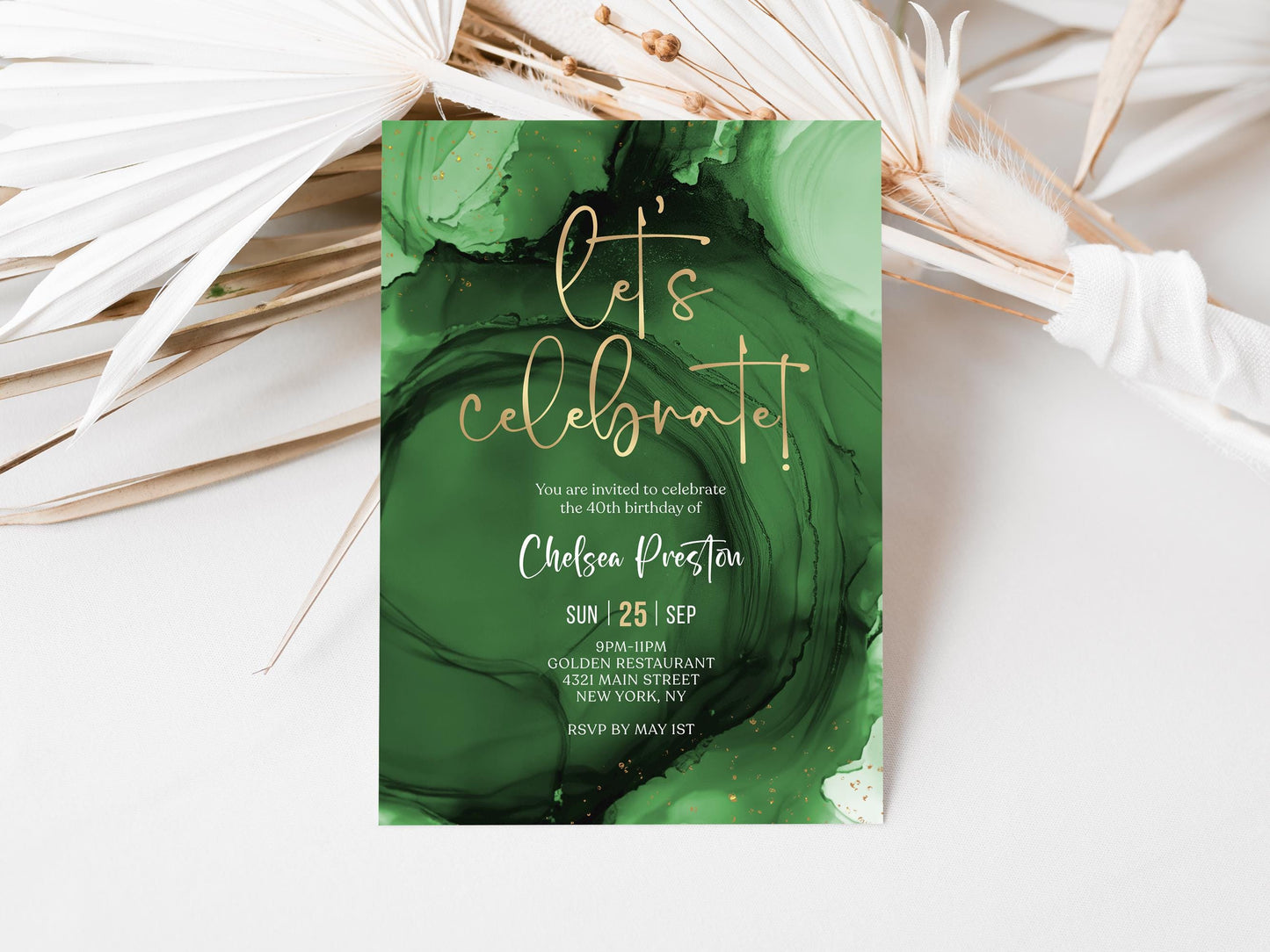 Green Emerald Gold Let's Celebrate Invitation Template, Printable Birthday Party Announcement Card, Editable Modern Invite, Digital Download