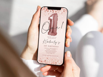Digital 1st One Baby Girl Birthday Invitation Template, Electronic Rose Gold Invite, Mobile Birthday Invitation, Editable Text Message Evite