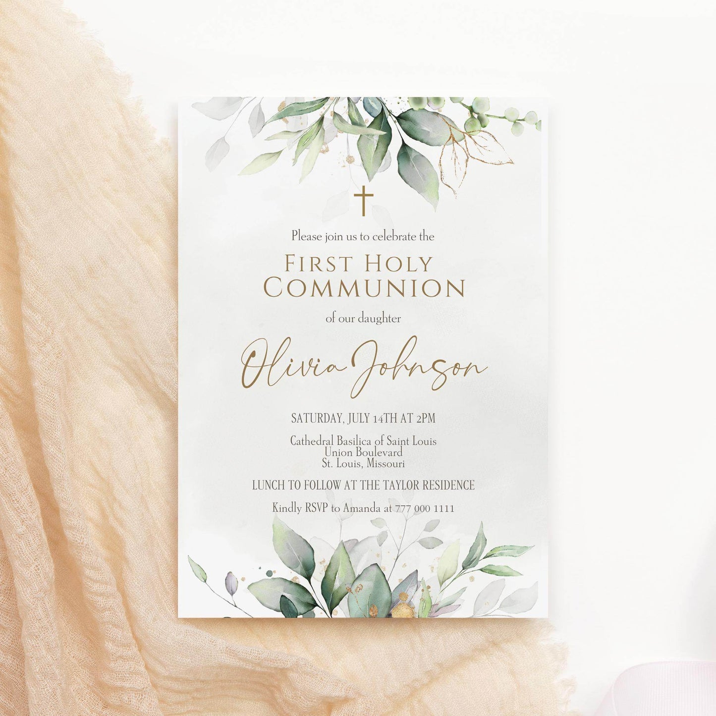 First Communion Invitation Template Printable, Greenery Watercolor Holy Communion Card, Editable Boy Girl Invite, Instant Download