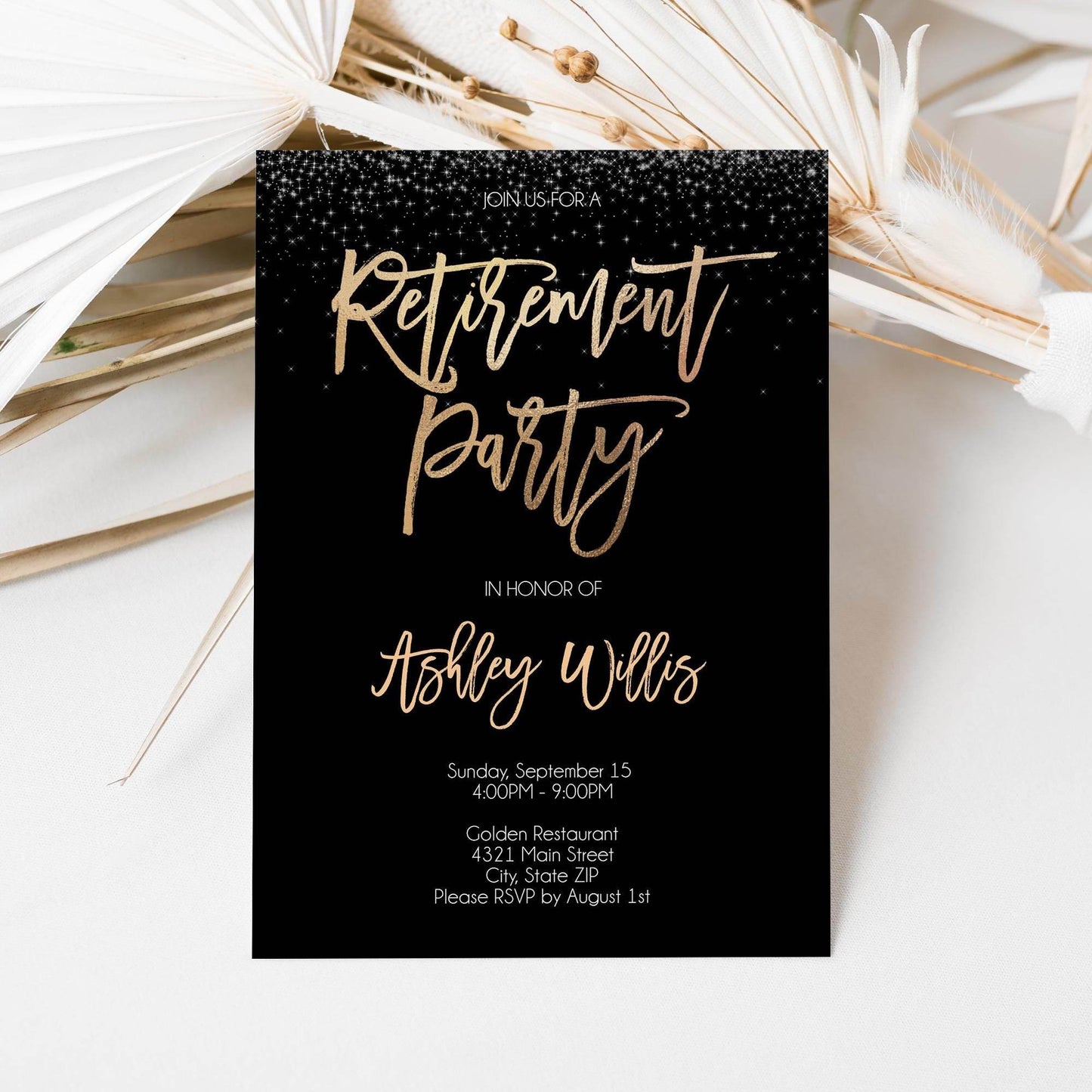 Retirement Party Invitation Template Printable, Editable Black Gold Invite, Elegant Gold Foil Card, Digital Download, Instant Evite