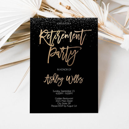 Retirement Party Invitation Template Printable, Editable Black Gold Invite, Elegant Gold Foil Card, Digital Download, Instant Evite