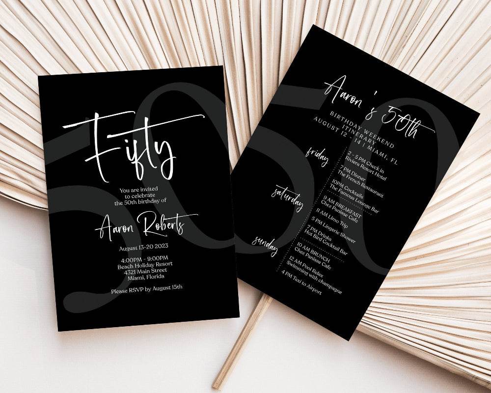 Printable Black 50th Birthday Weekend Itinerary Template | Editable Minimalist Birthday Weekend Schedule | Digital Party Invite PDF