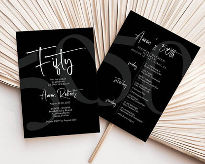 Printable Black 50th Birthday Weekend Itinerary Template | Editable Minimalist Birthday Weekend Schedule | Digital Party Invite PDF
