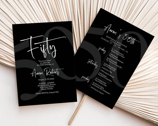 Printable Black 50th Birthday Weekend Itinerary Template | Editable Minimalist Birthday Weekend Schedule | Digital Party Invite PDF