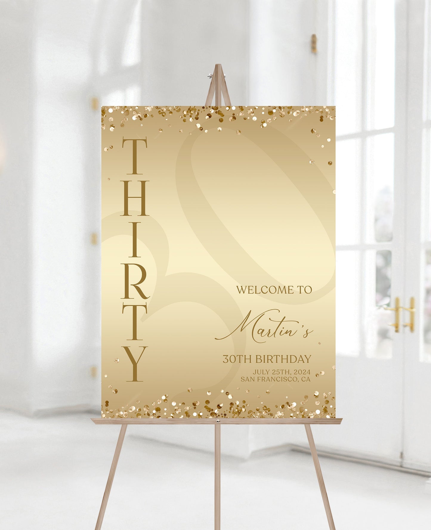 Gold Printable 30th Thirty Birthday Welcome Sign Template, Gold Editable Welcome Sign Poster, Luxury Birthday Decorations, DIY Elegant Board