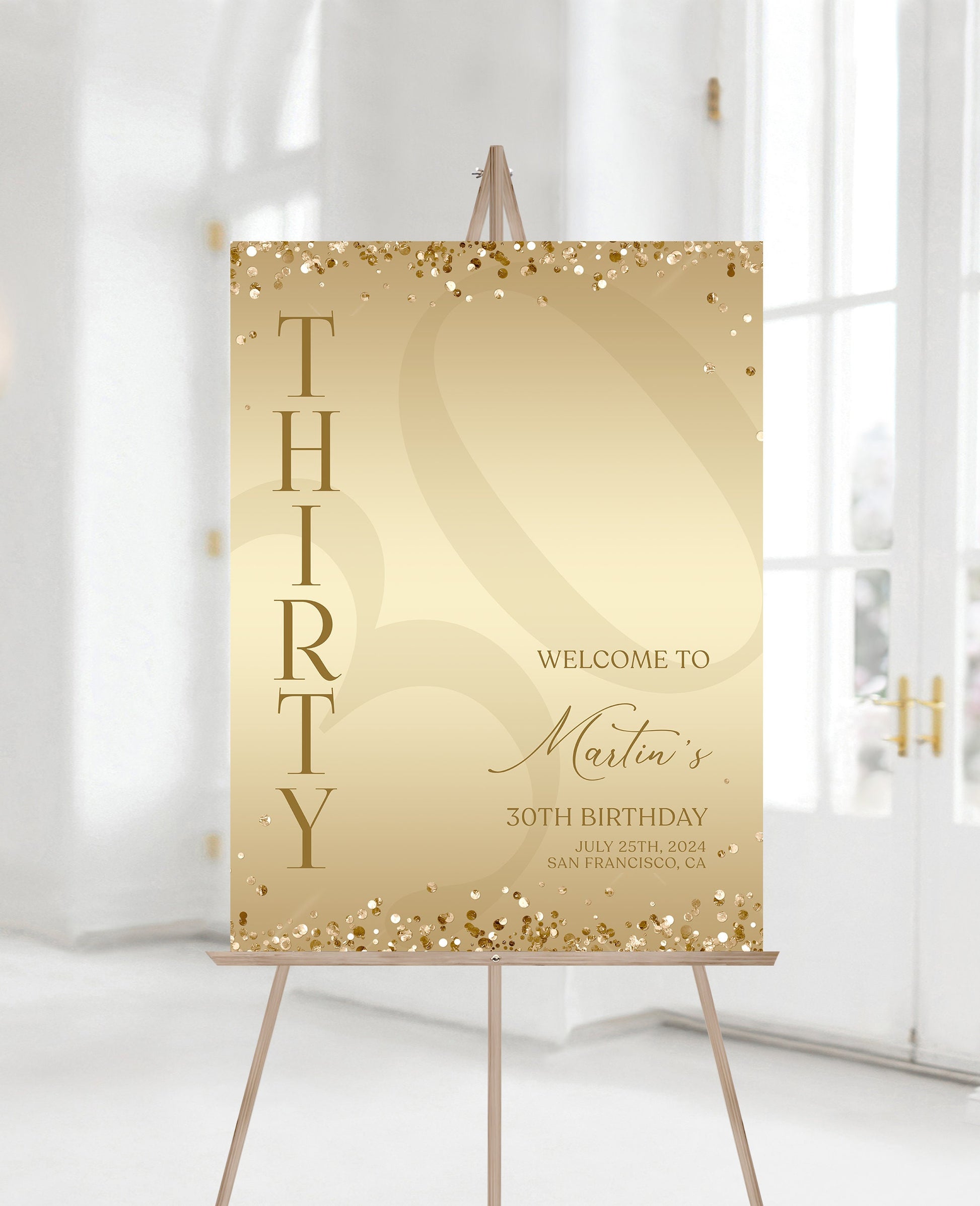Gold Printable 30th Thirty Birthday Welcome Sign Template, Gold Editable Welcome Sign Poster, Luxury Birthday Decorations, DIY Elegant Board