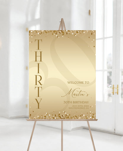 Gold Printable 30th Thirty Birthday Welcome Sign Template, Gold Editable Welcome Sign Poster, Luxury Birthday Decorations, DIY Elegant Board