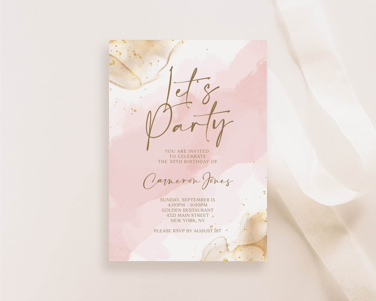 Blush Pink Gold Invitation Template, Editable Let’s Party Digital Invite for Birthday, Baby Shower, or Bridal Shower, Instant Download
