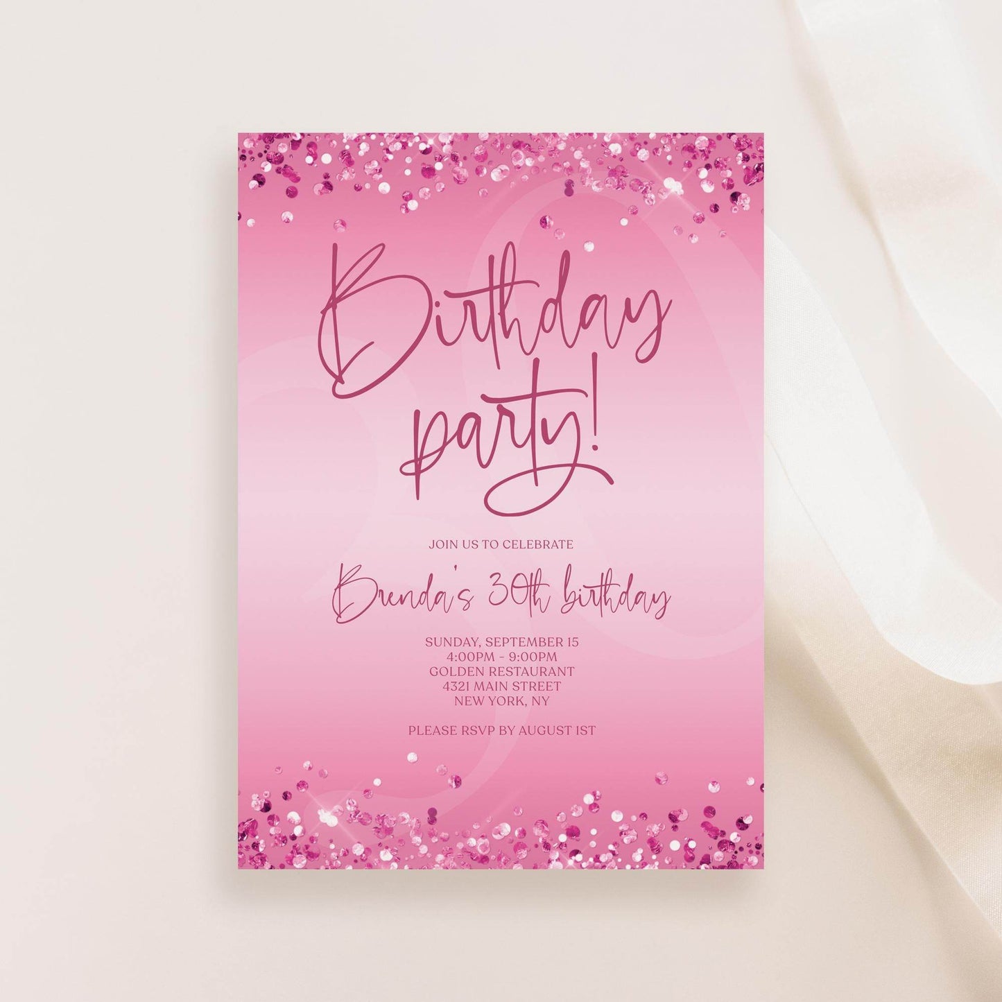 Pink 30th Birthday Invitation Template – Editable Hot Pink Fuchsia Party Invite | Printable Digital Birthday Card | Instant Download