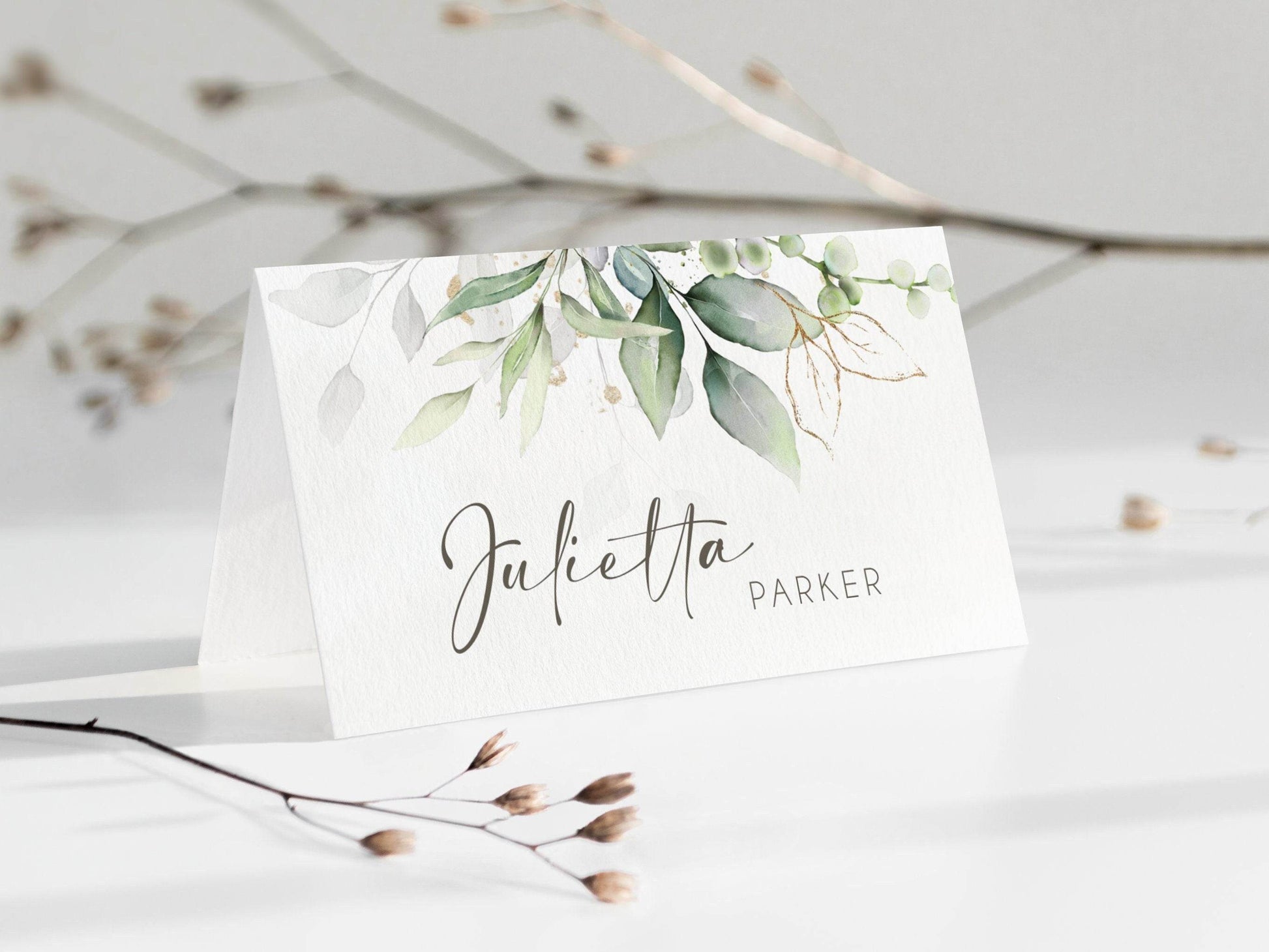 Modern Greenery Place Cards Template – Editable Printable Name Cards | Wedding Table Cards | Digital Birthday Seating Card | Instant Download