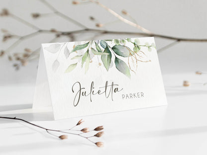 Modern Greenery Place Cards Template – Editable Printable Name Cards | Wedding Table Cards | Digital Birthday Seating Card | Instant Download