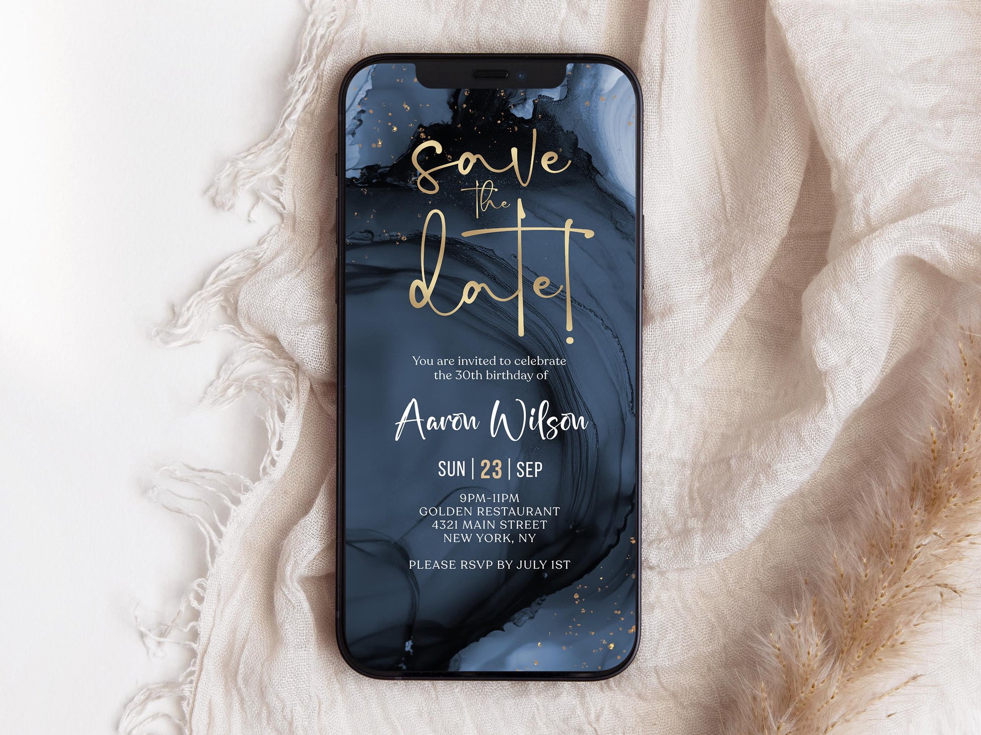 Digital Navy Gold Save the Date Invitation template, Electronic Birthday Invite, Editable Mobile Evite, Any Age Invite, Text Message Evite
