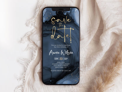 Digital Navy Gold Save the Date Invitation template, Electronic Birthday Invite, Editable Mobile Evite, Any Age Invite, Text Message Evite