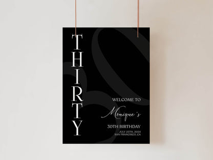 Simple Black 30th Birthday Welcome Sign Template, Printable Minimalist Birthday Poster, Editable Birthday Decor, Instant Download Sign