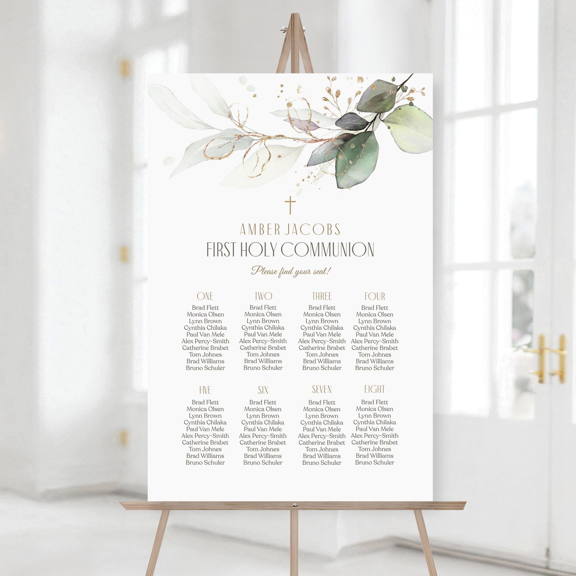 Editable First Holy Communion Seating Chart Sign Template – Greenery Eucalyptus Design