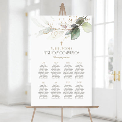 Editable First Holy Communion Seating Chart Sign Template – Greenery Eucalyptus Design