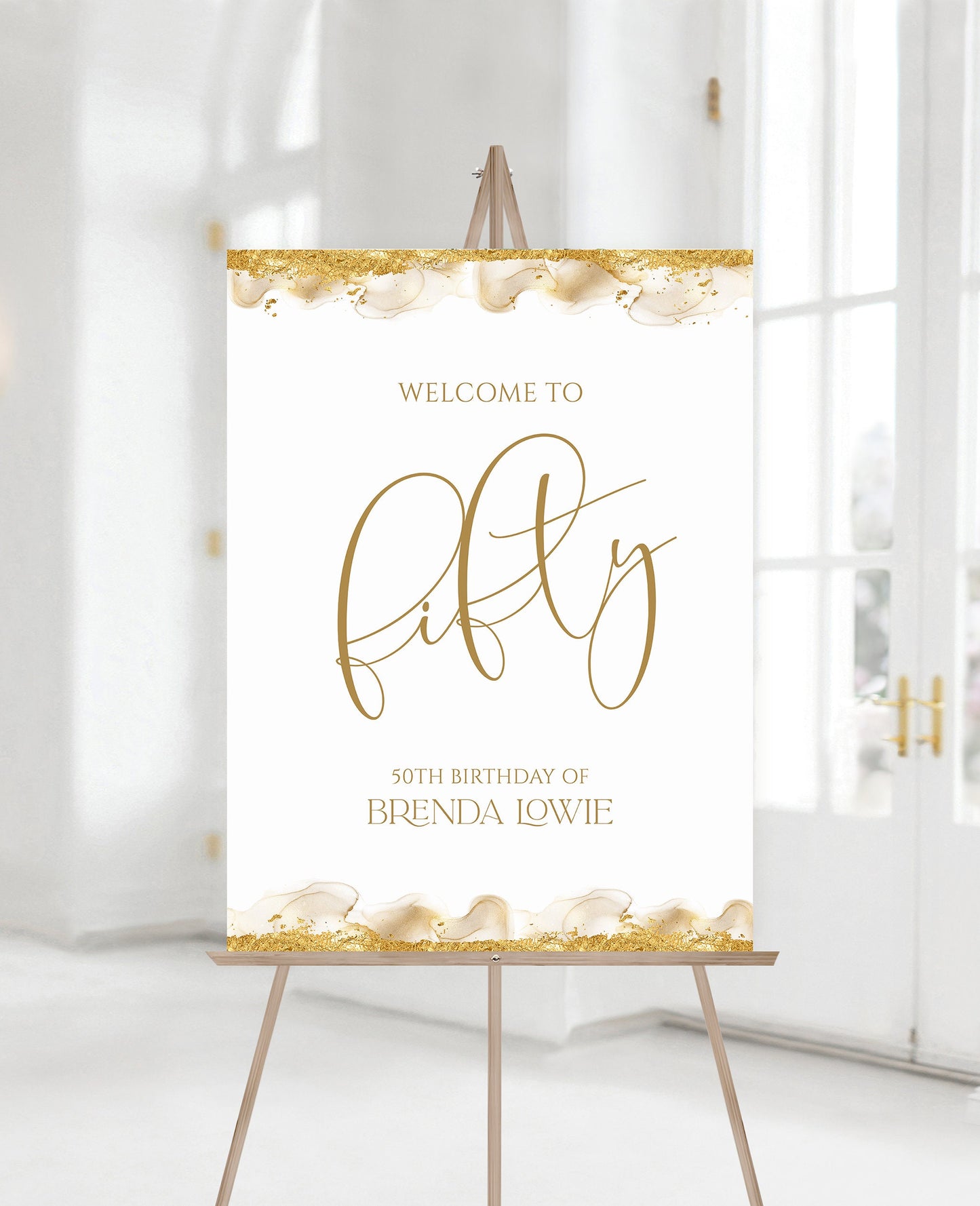50th Fifty Birthday Party Gold Foil Glitter Welcome Sign, Editable Template, Printable Birthday Welcome Sign Chart, DIY Gold Board Poster