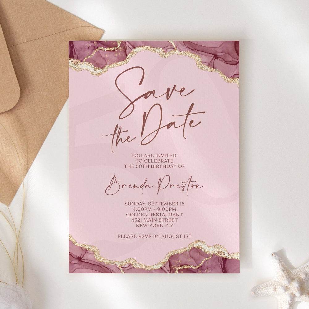 Save the Date Birthday Invitation Template, Editable Burgundy Gold & Pink Luxury Invite, Digital Text-Message Evite, Instant Download