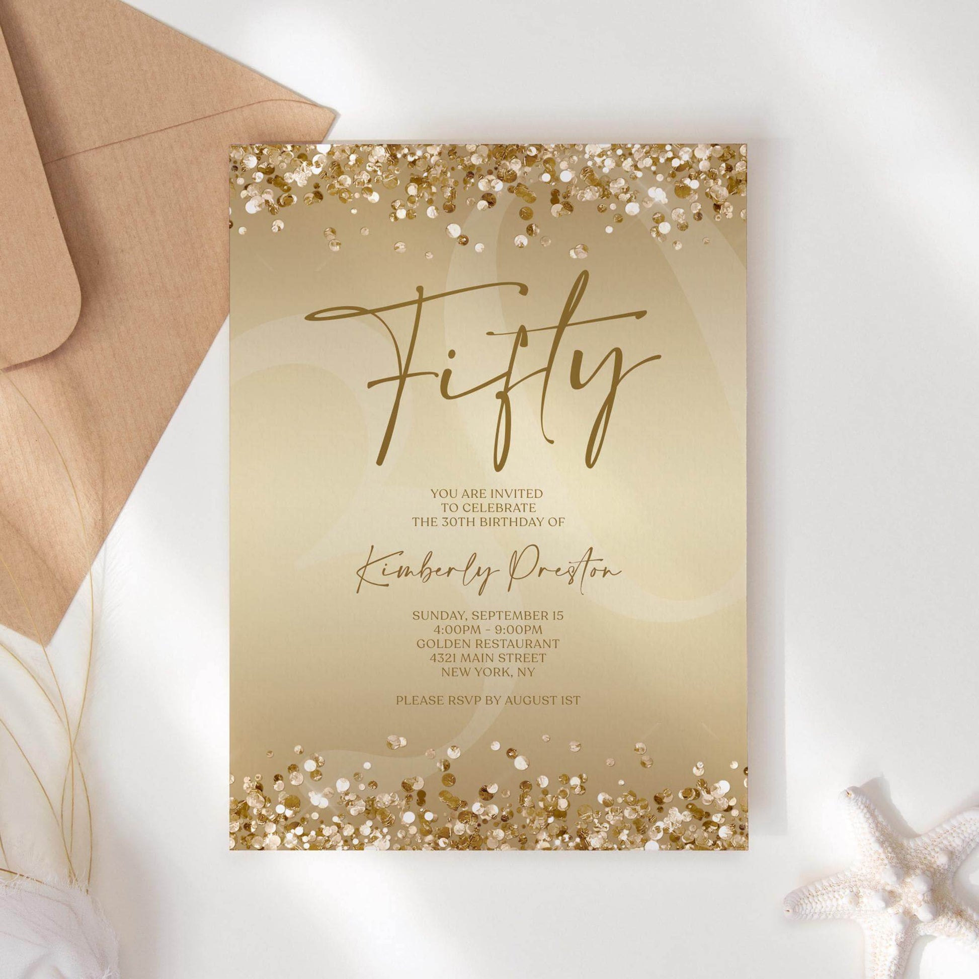 Gold 50th Birthday Invitation Template, Editable Fifty Surprise Party Evite, Digital Gold Invite for Women, Email Text Message Download