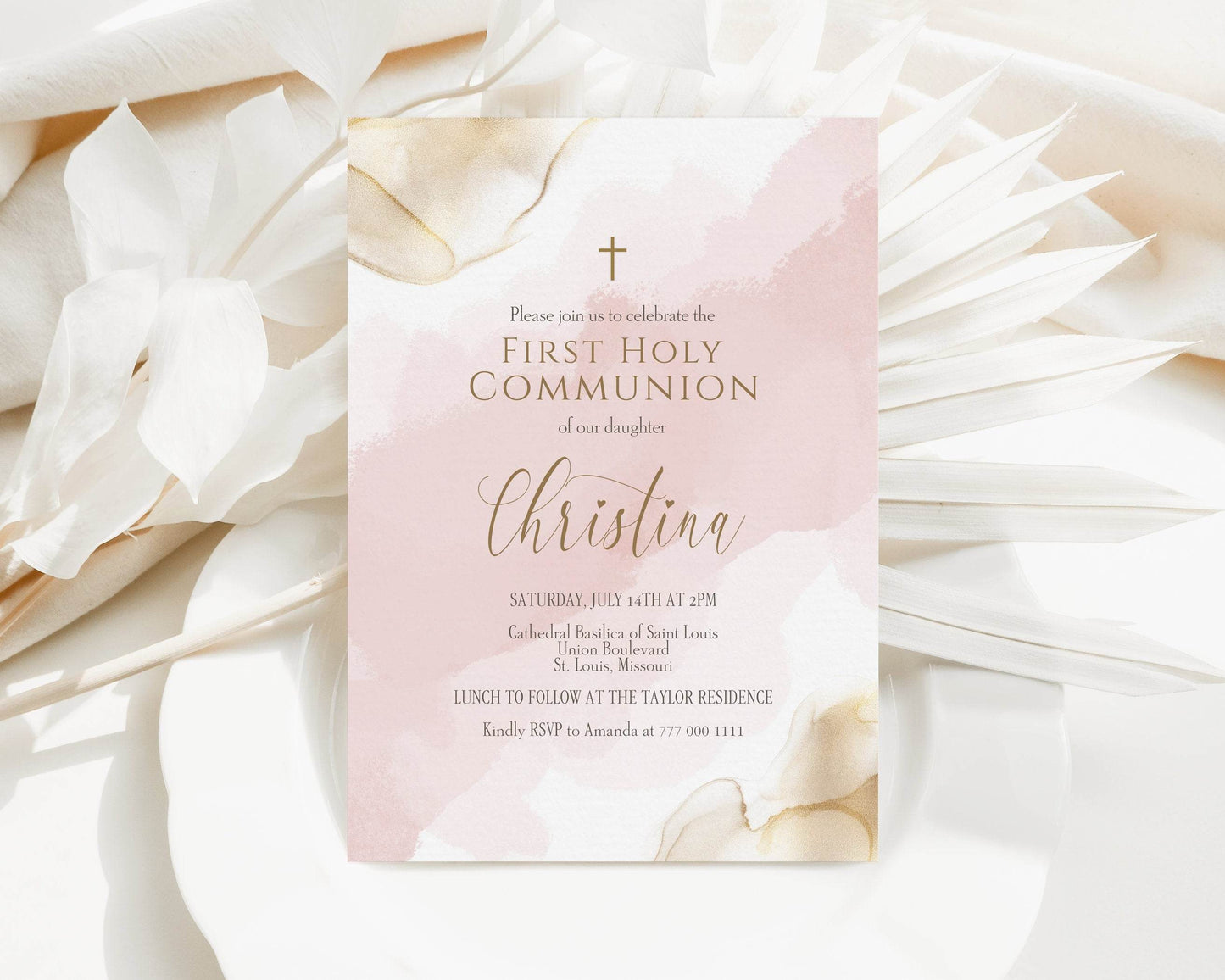 Girl First Communion Invitation Template, Printable Pink Gold Watercolor First Holy Communion Invite, Editable Card, Digital Text Evite Download
