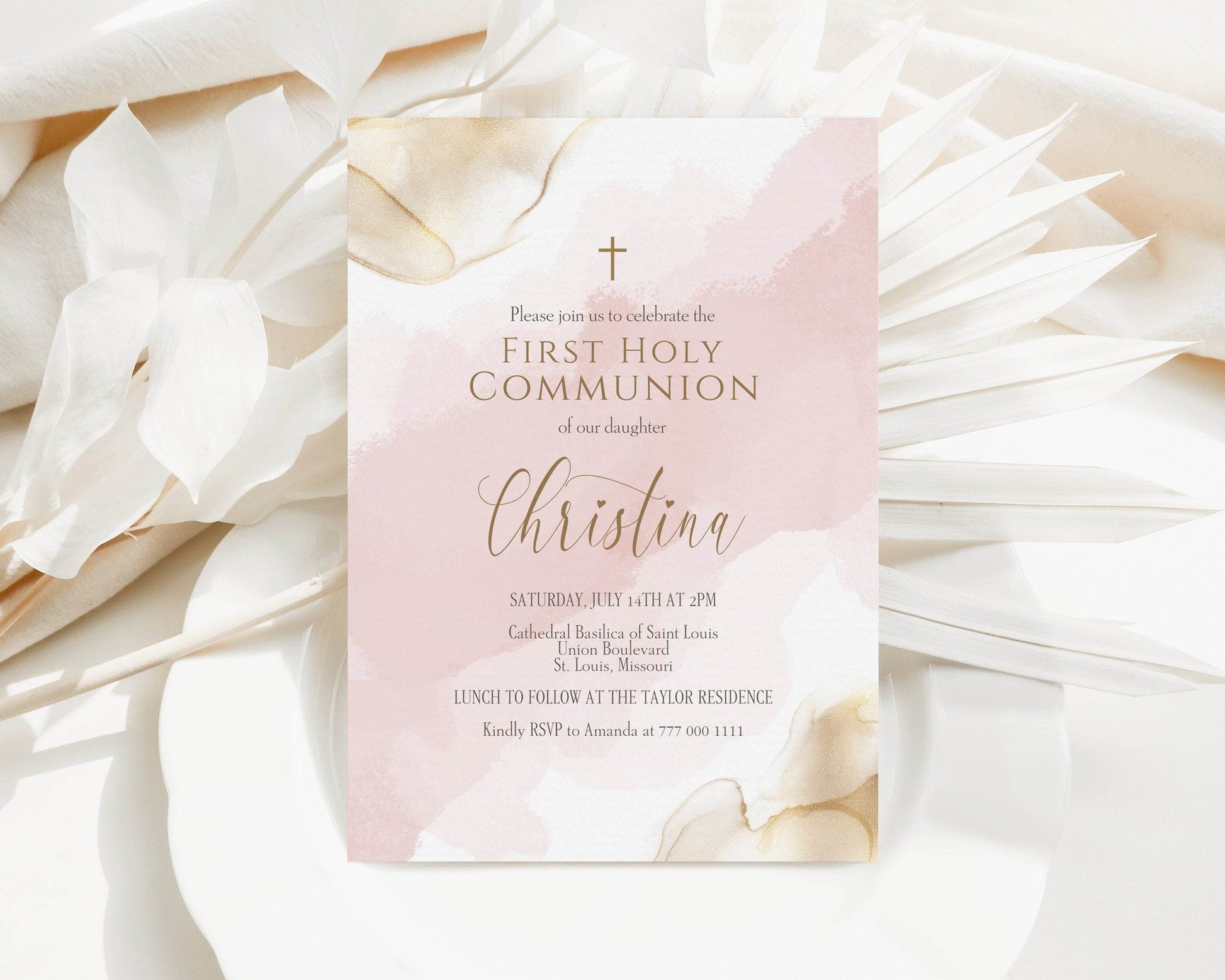 Girl First Communion Invitation Template, Printable Pink Gold Watercolor First Holy Communion Invite, Editable Card, Digital Text Evite Download