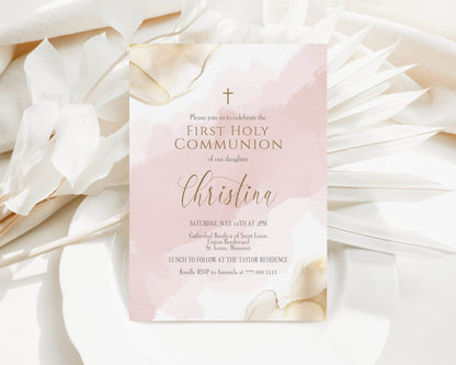 Girl First Communion Invitation Template, Printable Pink Gold Watercolor First Holy Communion Invite, Editable Card, Digital Text Evite Download