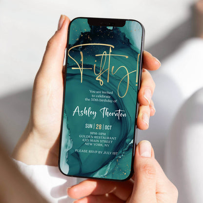 Teal Gold 50th Birthday Invitation Template, Editable Digital Evite for Any Gender, Text Message eCard, Self-Edit Instant Download