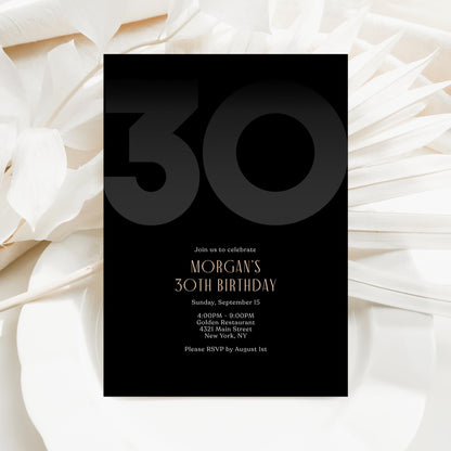 Black 30th Thirty Birthday Invitation Template, Editable Modern Party Invite for Him, Printable Black Elegant Invitation, Instant Download