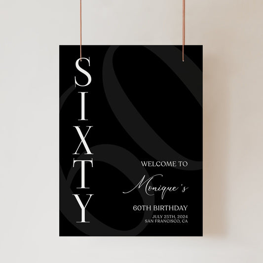 Simple Black 60th Sixty Birthday Welcome Sign Template, Printable Minimalist Birthday Welcome Sign, Editable Welcome Poster, Birthday Decor