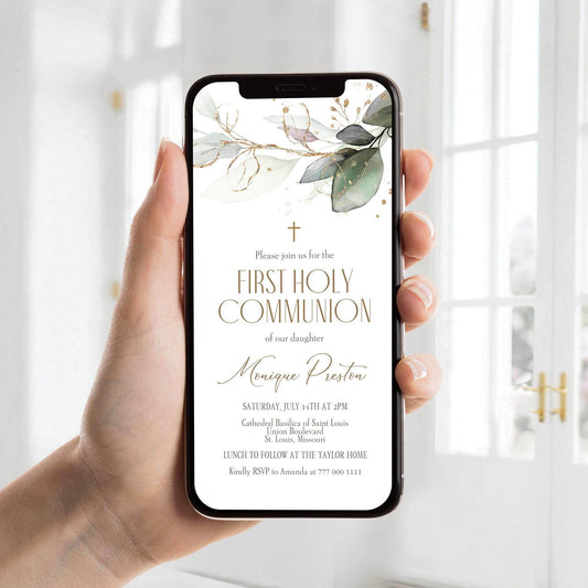 Greenery First Communion Invitation Template | Editable Digital First Holy Communion Evite | Boy or Girl Baptism Text Message Invite