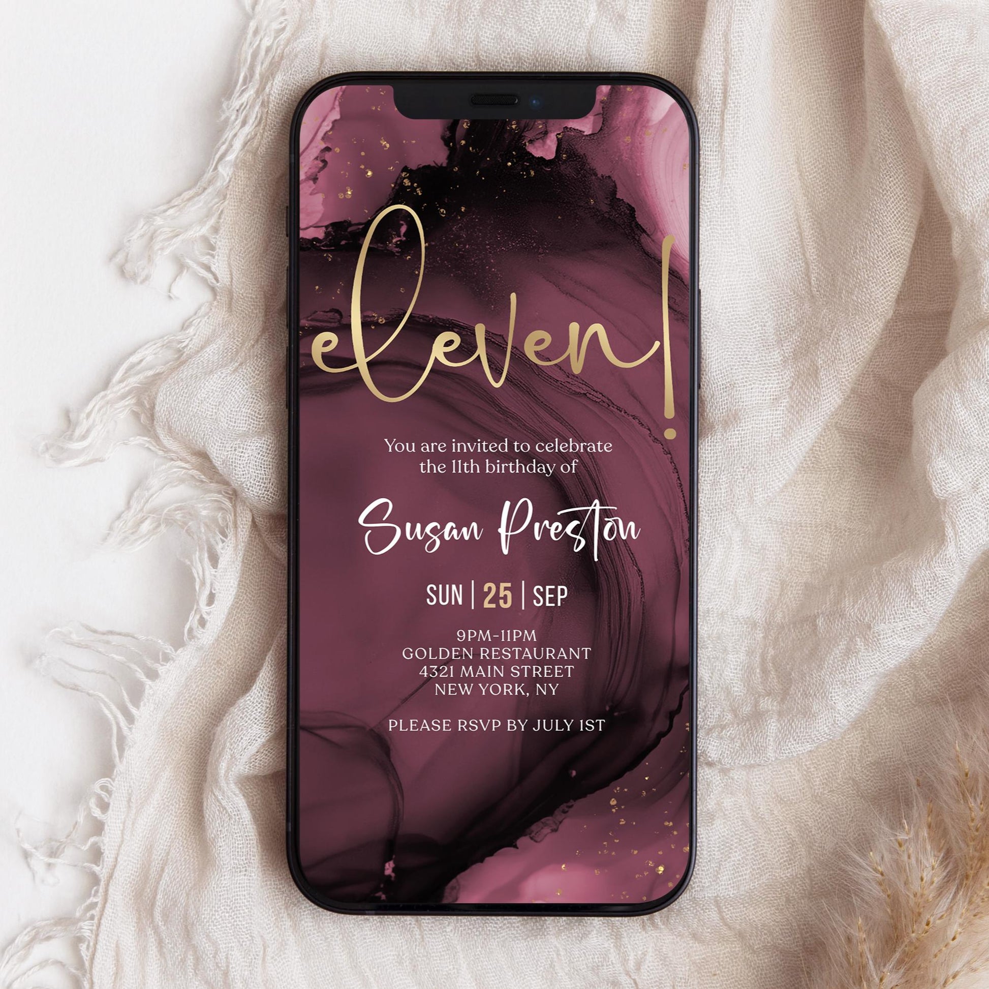 Purple Gold 11th Birthday Invitation Template, Digital Girl Party Invite, Editable Electronic Evite, Email & Text Message, Instant Download